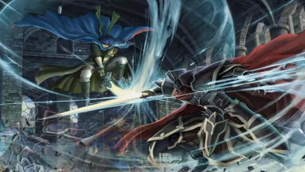 HD PC desktop wallpaper featuring Black Knight and Ike from the Fire Emblem video game series locked in an intense battle within a stone fortress.