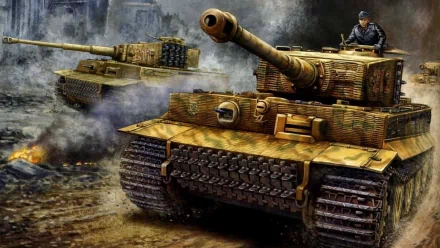 HD PC desktop wallpaper: dramatic military scene of two tanks advancing through smoky ruins, close-up of a heavily armored tank with a commander visible on top.