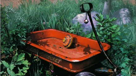 Artistic HD PC desktop wallpaper featuring a detailed, vibrant painting of a weathered red wagon surrounded by lush green foliage and rocks.