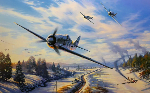 A striking 4K Ultra HD desktop wallpaper featuring military aircraft in flight above a winter landscape, showcasing dynamic aerial maneuvers and dramatic skies.