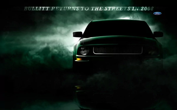 A dark, moody 4K Ultra HD wallpaper featuring a Ford vehicle emerging through green-tinted smoke, with the text BULLITT RETURNS TO THE STREETS IN 2008.