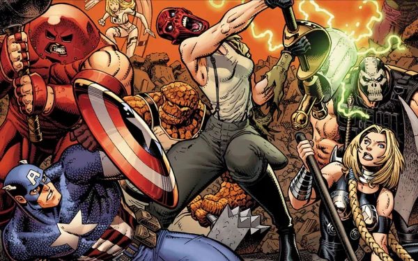 Dynamic comic scene featuring Marvel characters Valkyrie, Juggernaut, Red Skull, Thing, and Captain America in an intense battle. Vibrant 4K Ultra HD wallpaper for fans.