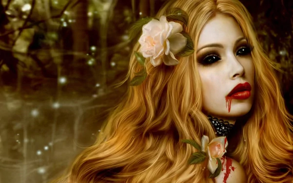 A captivating fantasy-themed HD wallpaper featuring a blonde vampire with black eyes, adorned with roses, set against a mystical background.
