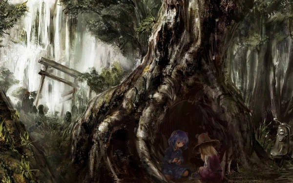 HD anime desktop wallpaper featuring Nitori Kawashiro and Suwako Moriya from Touhou, set in a mystical forest with ancient trees and a serene atmosphere.