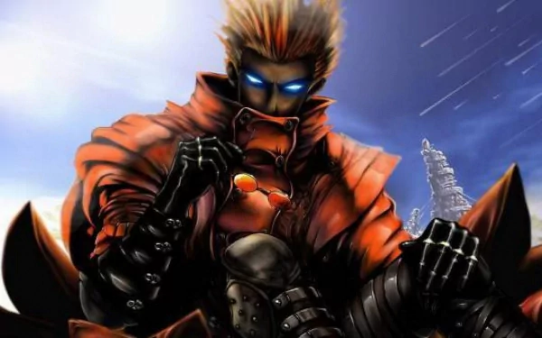 HD anime desktop wallpaper featuring a striking character from Trigun with glowing blue eyes and spiked blond hair against a dynamic sky background.