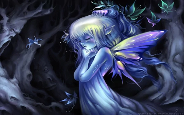 A whimsical fairy with butterfly wings stands in a dark, enchanted forest, surrounded by ethereal plants and creatures, creating a captivating fantasy atmosphere. HD wallpaper.