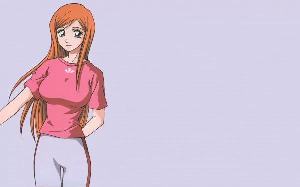 Orihime Inoue from Bleach stands left in a casual pink shirt and white pants against a soft lavender backdrop — 2K Quad HD PC desktop wallpaper/background.