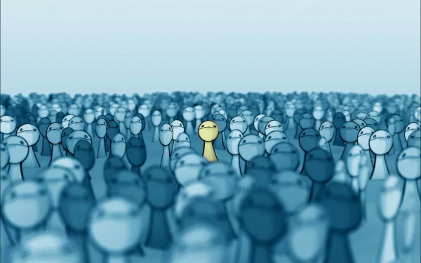 A vibrant HD desktop wallpaper featuring a humorous scene of a crowd of blue figures, with one standout yellow figure in the center, capturing a whimsical contrast.