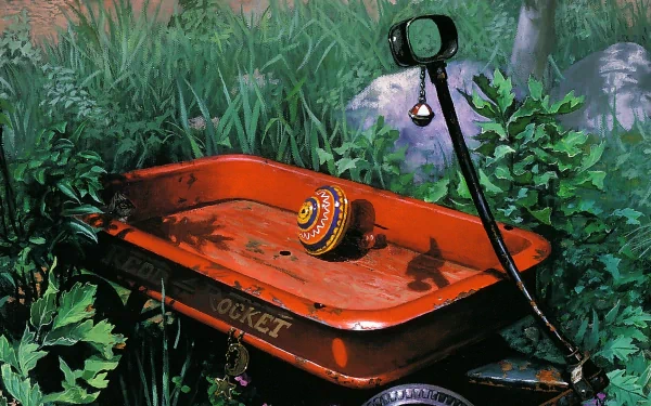 Artistic HD PC desktop wallpaper featuring a detailed, vibrant painting of a weathered red wagon surrounded by lush green foliage and rocks.