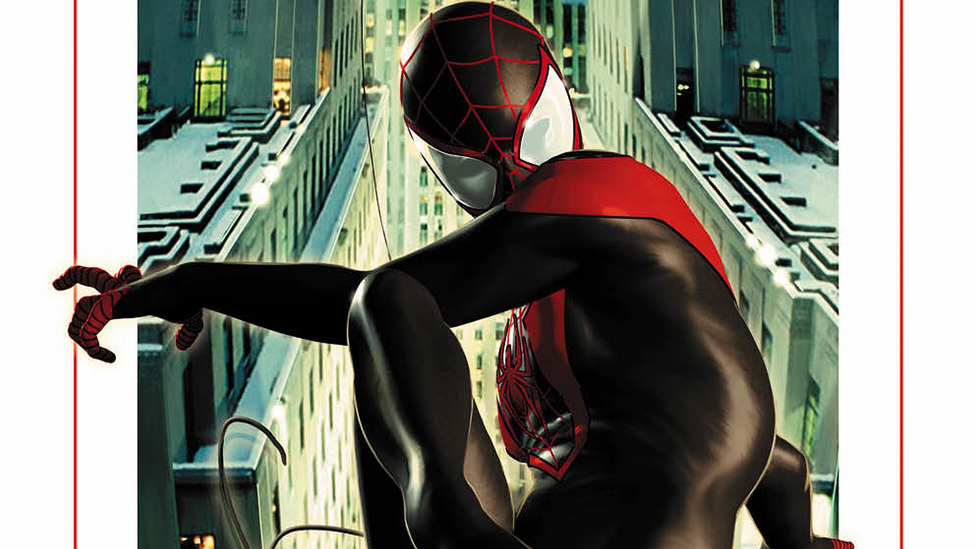 Spider-Man swinging through a cityscape in a dynamic comic book style.