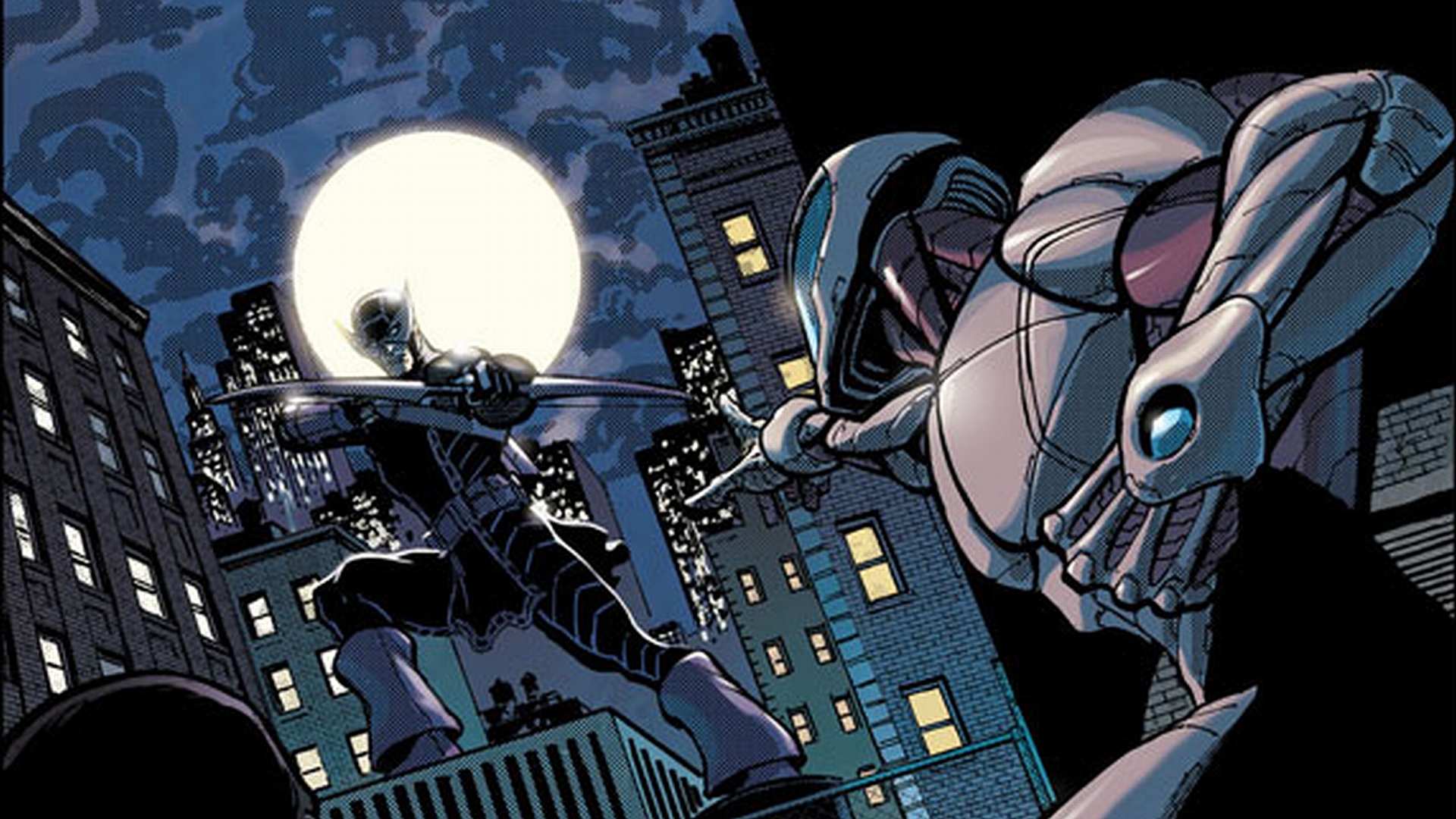Hawkeye from the Avengers in a dynamic comic-style desktop wallpaper.