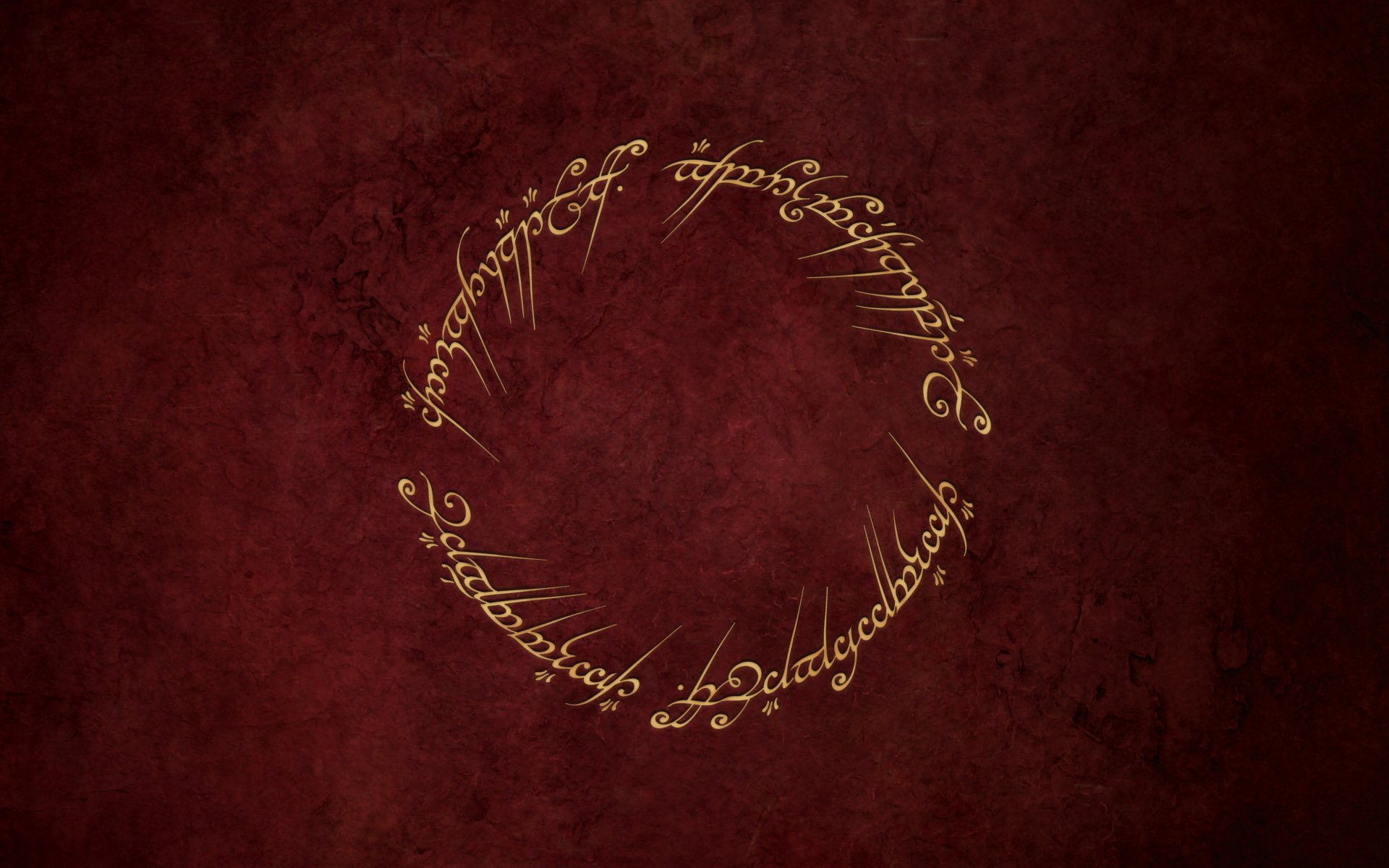 HD PC desktop wallpaper featuring The Lord of the Rings iconic Elvish script ring inscription on a textured dark red background.