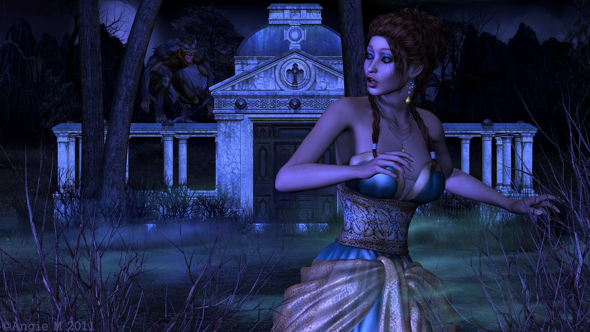 Dark HD PC wallpaper depicting a frightened woman in period clothing with a menacing werewolf lurking near an old mausoleum in a shadowy forest.