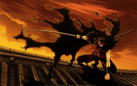 HD anime desktop wallpaper featuring Kurogane from Tsubasa: Reservoir Chronicle wielding a sword on a rooftop under a dramatic orange sky.