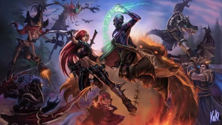 A dynamic HD desktop wallpaper featuring characters from League of Legends, including Garen, Renekton, Annie, Ryze, Katarina, Nocturne, Miss Fortune, and Fiddlesticks in battle.