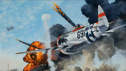 HD PC desktop wallpaper showing a military aircraft in intense aerial combat, a fighter cutting through smoke and fiery explosions.