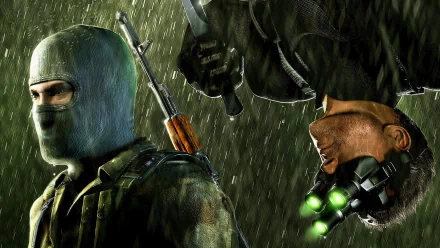 HD PC desktop wallpaper from the video game Tom Clancy's Splinter Cell: Chaos Theory showing two stealth operatives in rain — a masked rifleman and an inverted agent with green night‑vision goggles.
