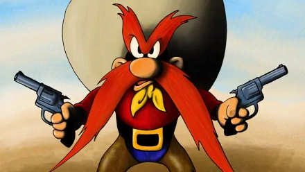 An animated wallpaper featuring a character from the TV show Looney Tunes, showcasing a grumpy cowboy with a large mustache, holding guns in a desert backdrop.