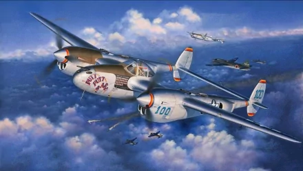  A squadron of P-38 Lightning attack an Japanese Bomber wing.