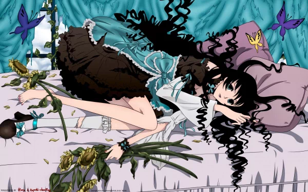 HD anime desktop wallpaper from xxxHOLiC featuring a girl with long black hair in a gothic outfit lying on a bed surrounded by butterflies and a teal backdrop.
