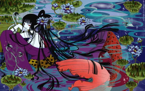 HD anime PC desktop wallpaper: Yūko Ichihara from xxxHOLiC reclines by a surreal lotus pond, her long black hair flowing into the water, wearing a purple kimono with red carp motifs.