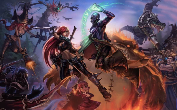 A dynamic HD desktop wallpaper featuring characters from League of Legends, including Garen, Renekton, Annie, Ryze, Katarina, Nocturne, Miss Fortune, and Fiddlesticks in battle.