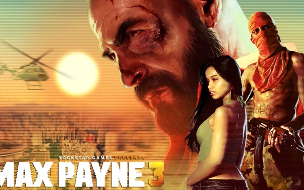 A striking HD wallpaper featuring key characters from Max Payne 3, set against a dramatic sunset with a helicopter, capturing the game's gritty atmosphere.