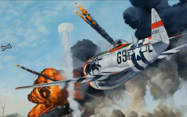HD PC desktop wallpaper showing a military aircraft in intense aerial combat, a fighter cutting through smoke and fiery explosions.