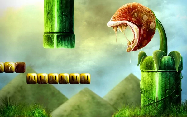 HD desktop wallpaper featuring a Piranha Plant from the Super Mario video game series. The plant emerges from a green pipe with a background of grassy hills and sky, embodying a classic gaming scene.