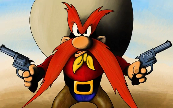 An animated wallpaper featuring a character from the TV show Looney Tunes, showcasing a grumpy cowboy with a large mustache, holding guns in a desert backdrop.