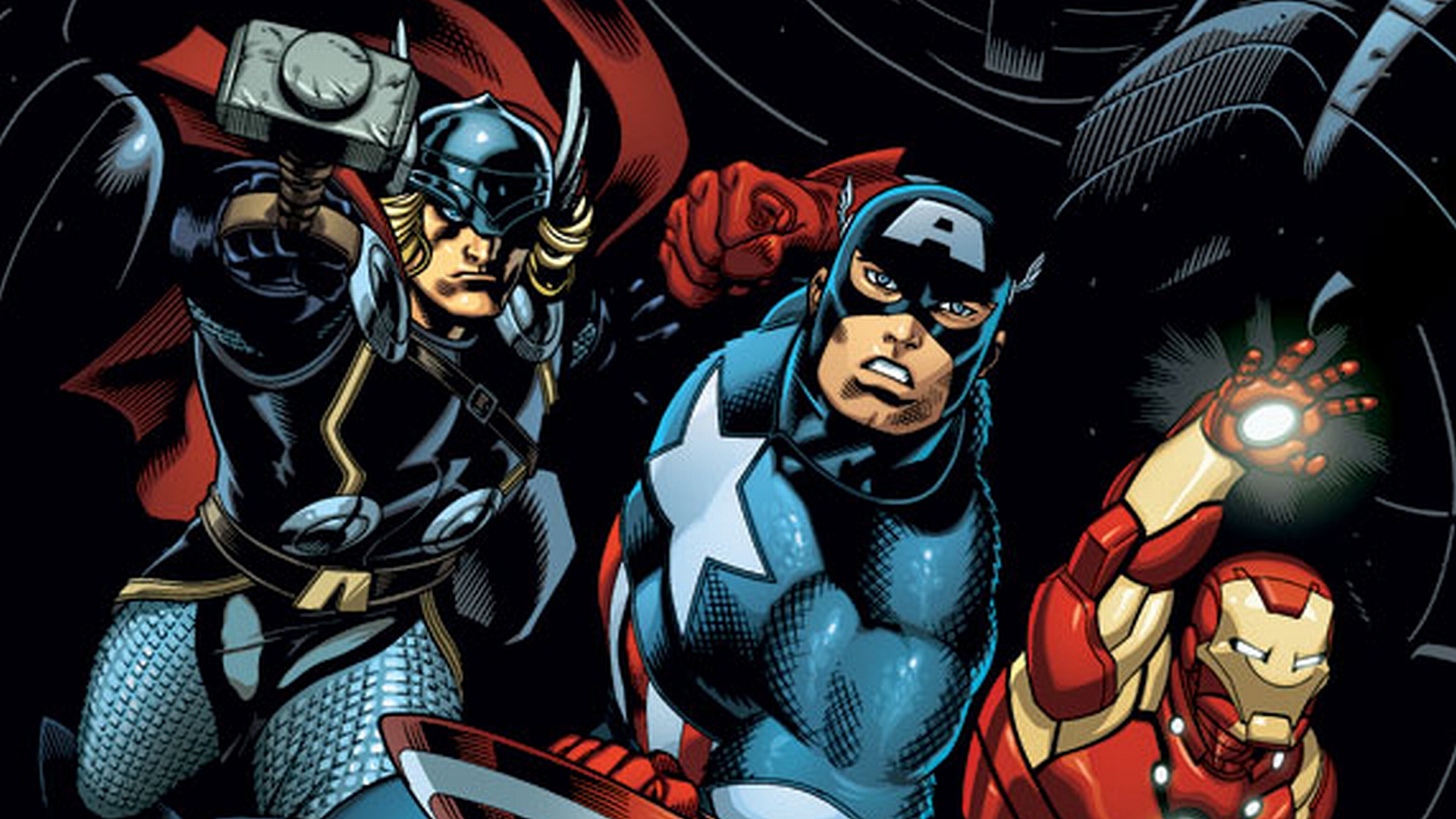 Powerful superheroes from Avengers: Thor, Captain America, and Iron Man in a comic-style desktop wallpaper.