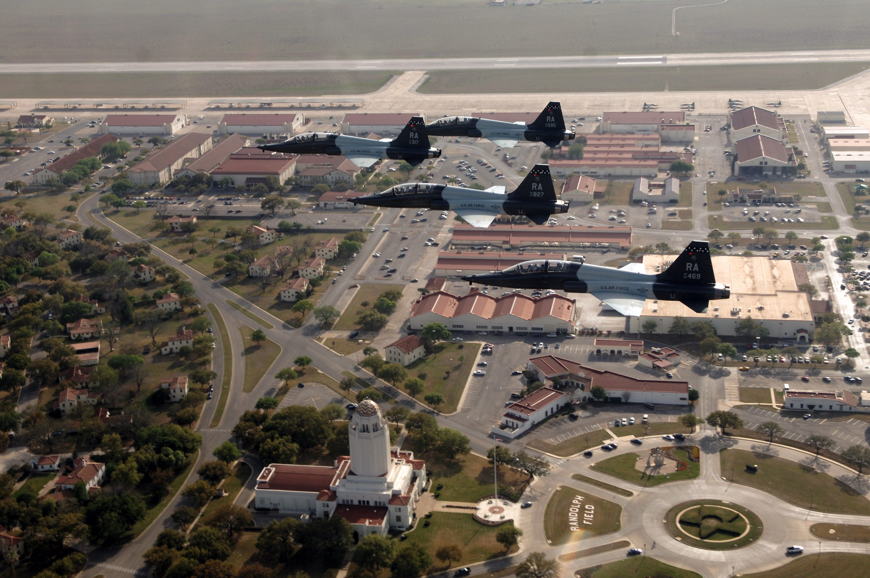 T-38 Talons military jet fighters flying in formation.