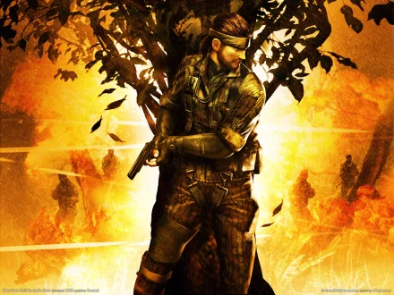 HD desktop wallpaper of the video game Metal Gear, featuring a soldier with an eye patch leaning against a tree, set against a backdrop of a fiery battlefield with silhouettes of soldiers.