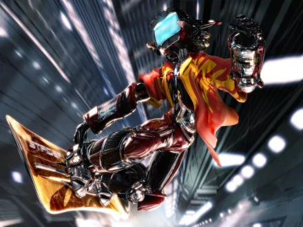 This HD desktop wallpaper features an anime character from FLCL riding a hoverboard, adorned with dynamic and vibrant artwork. The image exudes a futuristic and energetic vibe.