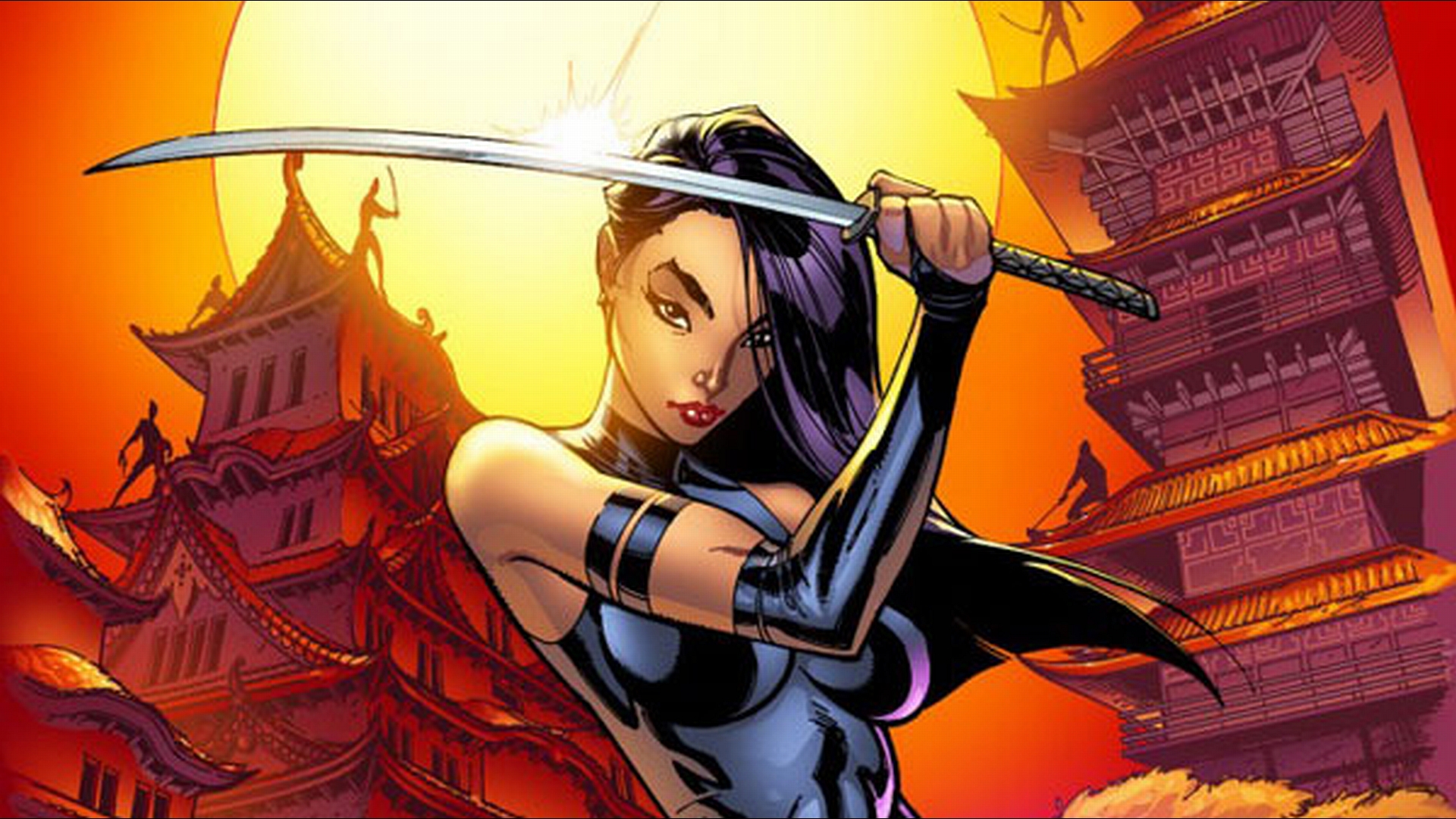 Psylocke from comics in a dynamic pose, ready for action
