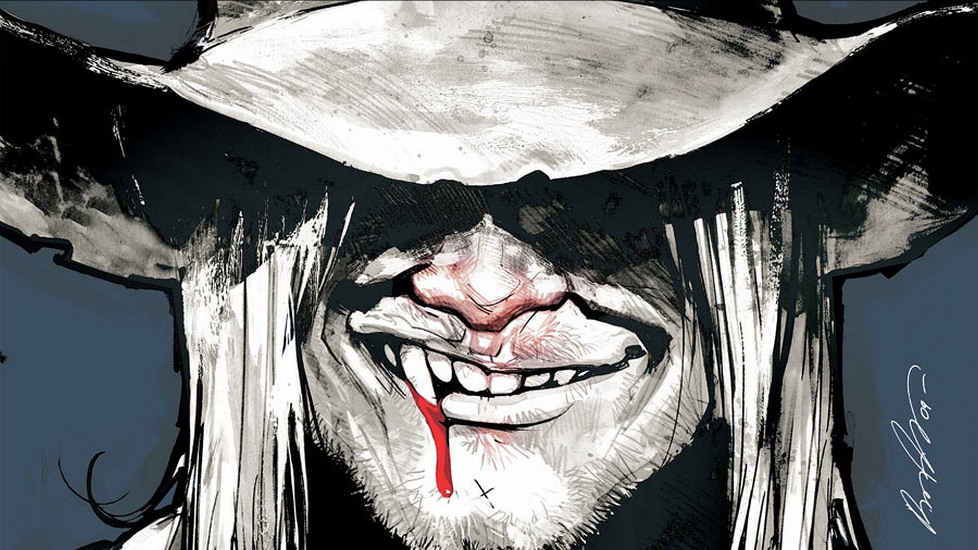 Comic-style American Vampire HD PC desktop wallpaper: grinning long-haired vampire in a wide-brimmed hat, blood dripping from his lip, high-contrast inked artwork.