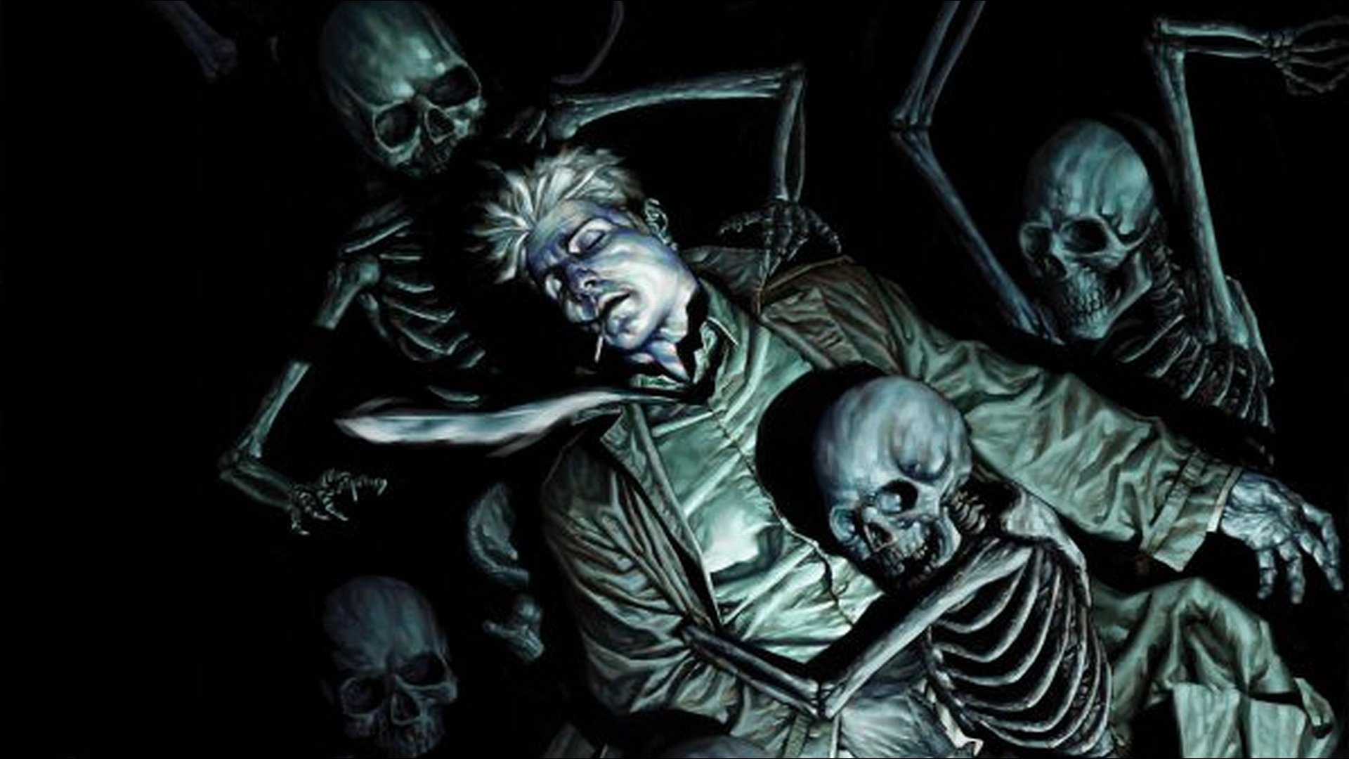 HD comic-inspired Hellblazer desktop wallpaper featuring a tense scene with a man surrounded and grabbed by eerie skeleton figures in a dark, dramatic setting.