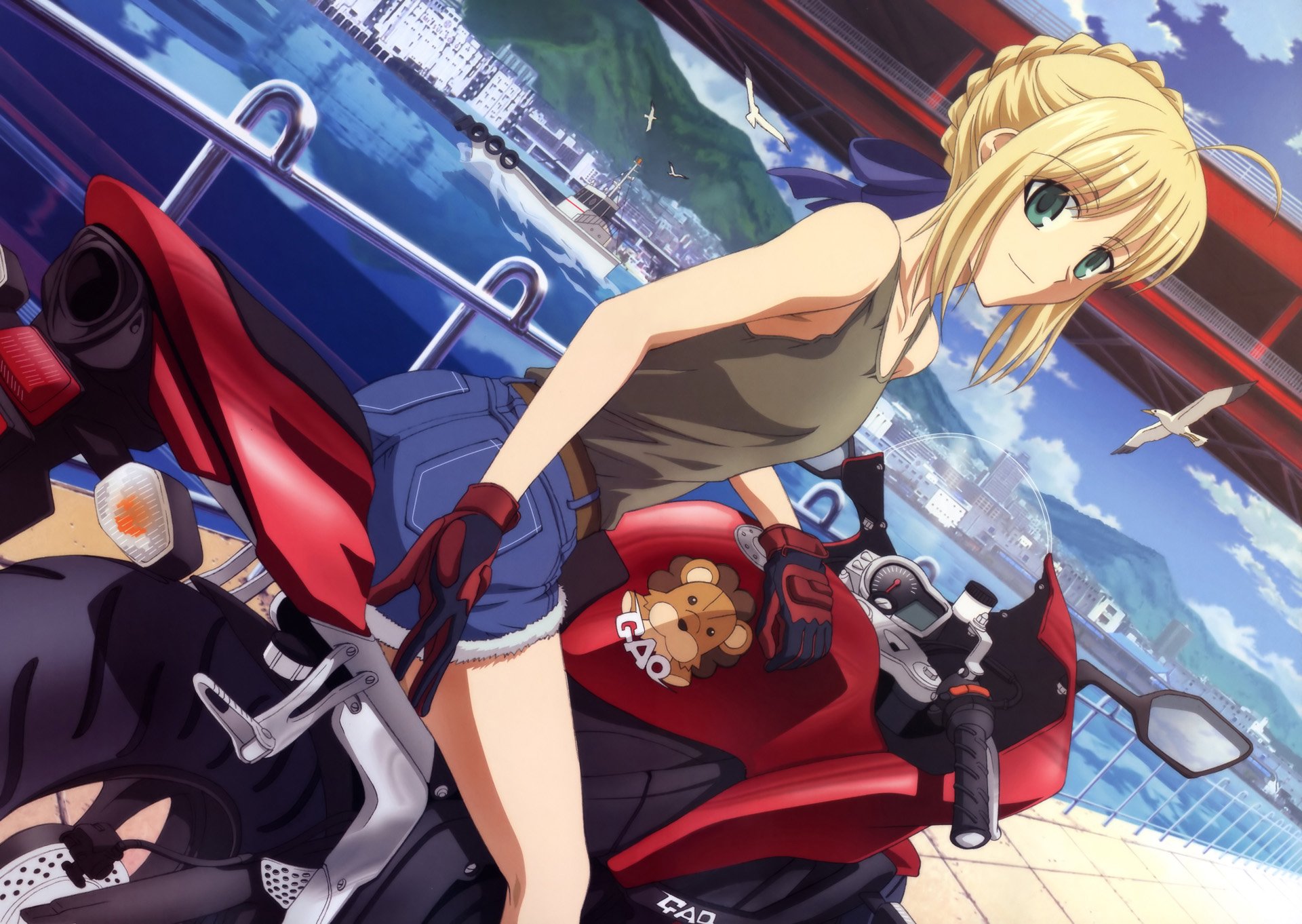 Saber from the Fate Series stands confidently beside a motorcycle in this HD anime wallpaper, set against a scenic backdrop. A perfect blend of action and artistry.
