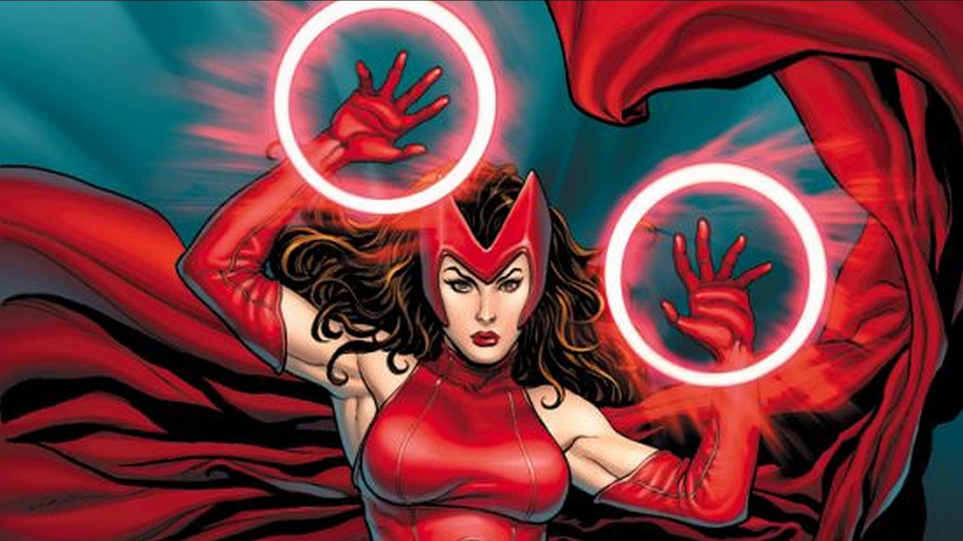 HD PC desktop wallpaper of Scarlet Witch (Ultimates) in red costume, cape billowing, palms raised conjuring glowing magic circles — comic art.