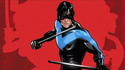 Comic-style HD PC wallpaper of an Outsiders hero in a black suit with a blue chest emblem and mask, wielding escrima sticks against a red background.