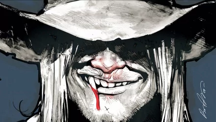 Comic-style American Vampire HD PC desktop wallpaper: grinning long-haired vampire in a wide-brimmed hat, blood dripping from his lip, high-contrast inked artwork.