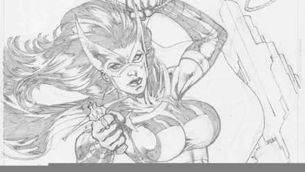 Black-and-white comic-style HD desktop wallpaper featuring a fierce female hunter with dynamic hair and armor, drawing a bow with intense focus.