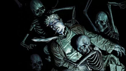HD comic-inspired Hellblazer desktop wallpaper featuring a tense scene with a man surrounded and grabbed by eerie skeleton figures in a dark, dramatic setting.
