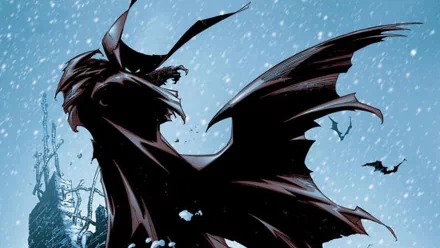 HD PC desktop wallpaper featuring Spawn from Marvel Comics, depicted with his flowing cape against a snowy, night sky backdrop with bats flying nearby.