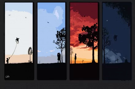 An artistic HD desktop wallpaper featuring silhouettes of humans in various scenes, capturing moments of joy, love, and reflection against vibrant sky colors.