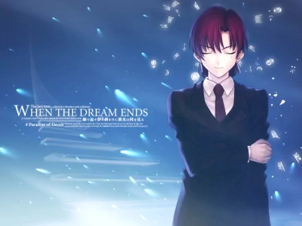 HD PC desktop wallpaper featuring Sola-Ui Nuada-Re Sophia-Ri from Fate/Zero with a serene expression and the text When the Dream Ends in a blue, glowing background.