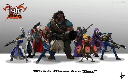 A dynamic HD wallpaper featuring characters from Fate/Stay Night, including Archer, Assassin, Rider, and Gilgamesh, posed dramatically with the question, Which Class Are You?