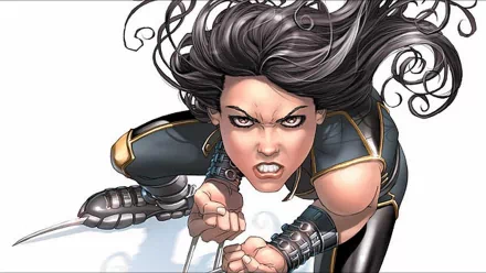 HD PC desktop wallpaper featuring a dynamic comic-style illustration of X-23 in an intense action pose with flowing hair and sharp claws.