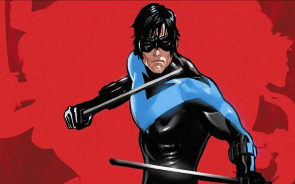 Comic-style HD PC wallpaper of an Outsiders hero in a black suit with a blue chest emblem and mask, wielding escrima sticks against a red background.