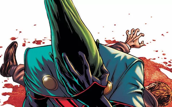 HD PC desktop wallpaper: comic art of J'onn J'onzz (Martian Manhunter) — a cloaked green alien looming over a fallen man amid splattered blood.